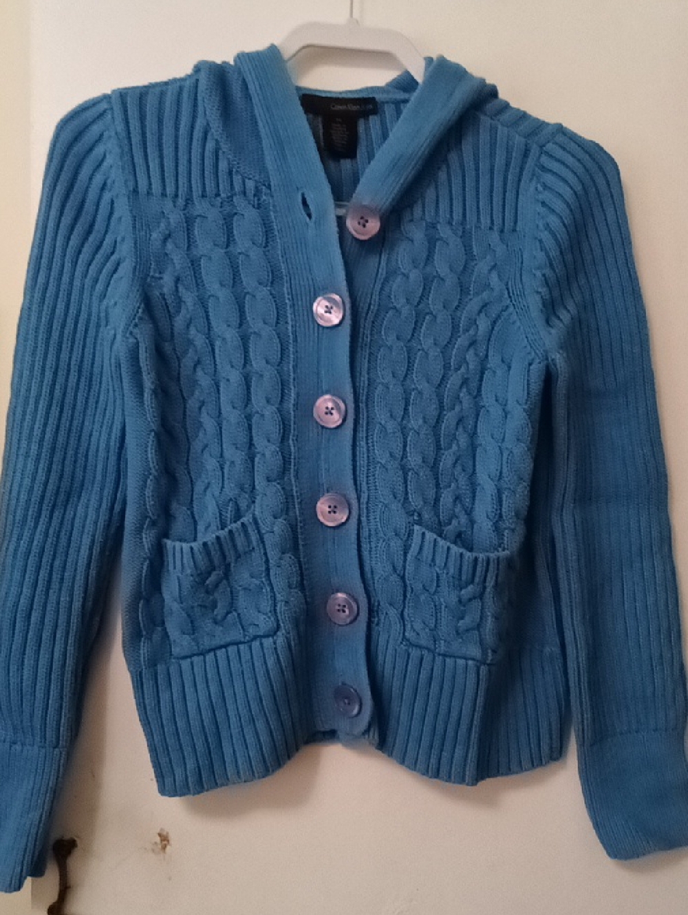 CALVIN KLEIN Cozy Blue Cable Knit Hooded Cardigan Sweater
